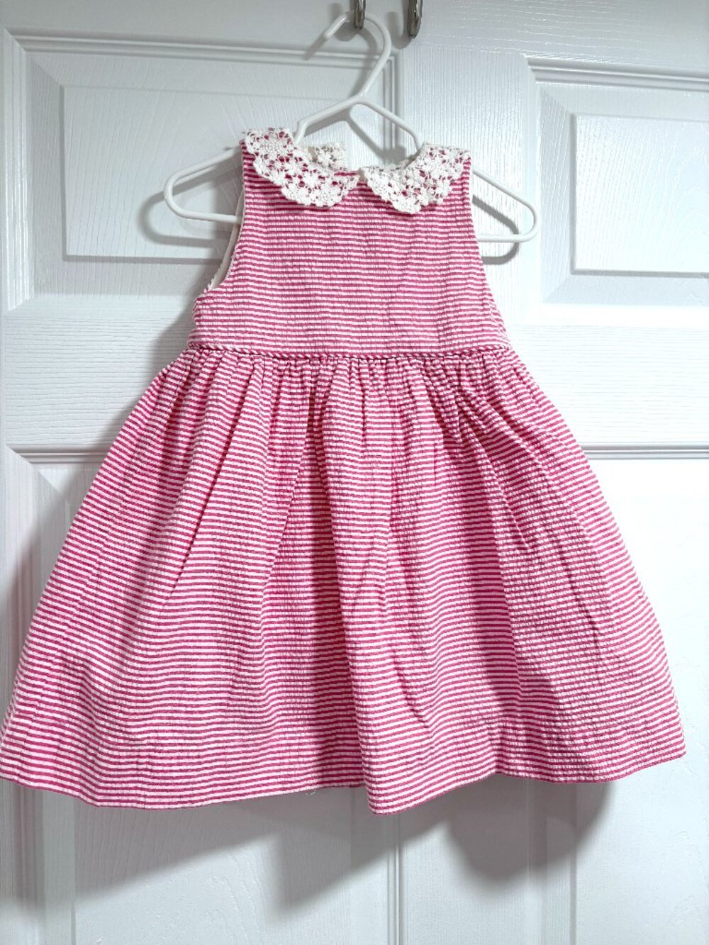 Ralph Lauren Pink White Striped Seersucker Dress with Lace Peter Pan Collar- 18M